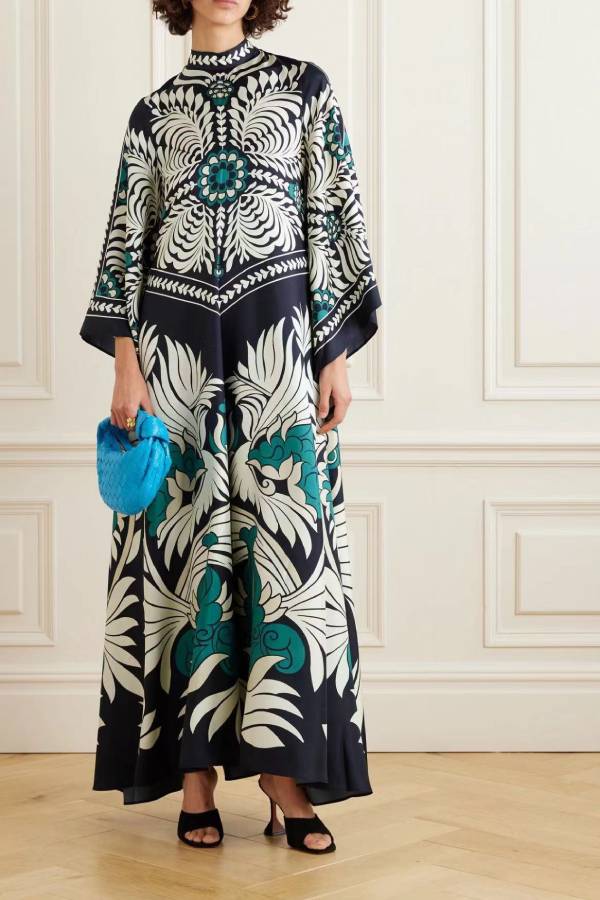 Vintage Print Satin Wide Sleeve Vacation Kaftan Maxi Dress