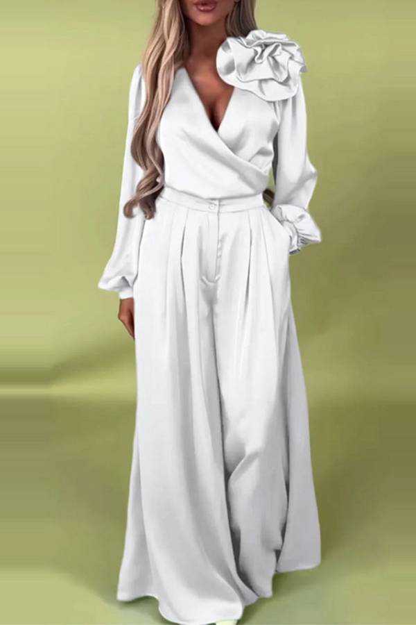 3D floral satin wide-leg pants suit