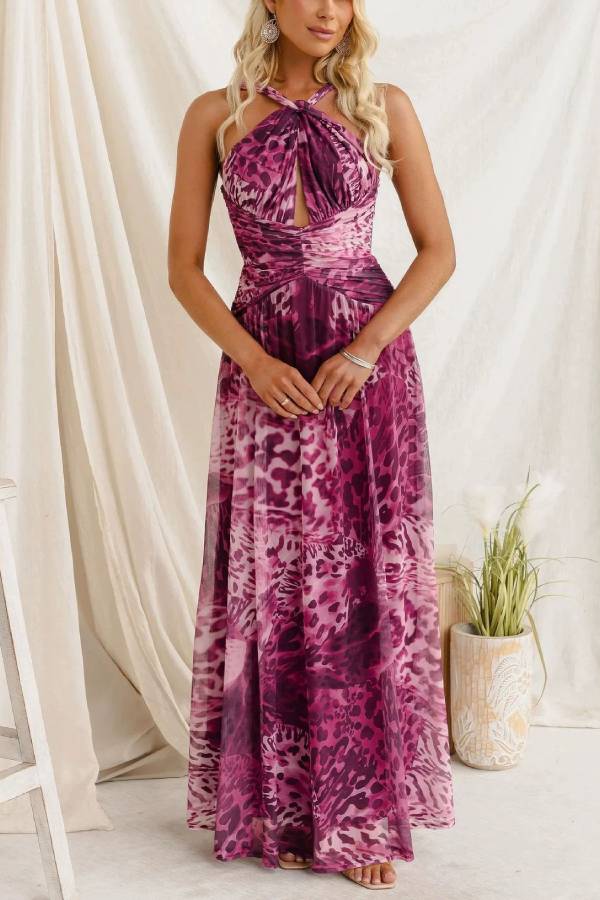 Purple Leopard Print Halter Twist Cut‑Out Waist Chiffon Maxi Dress