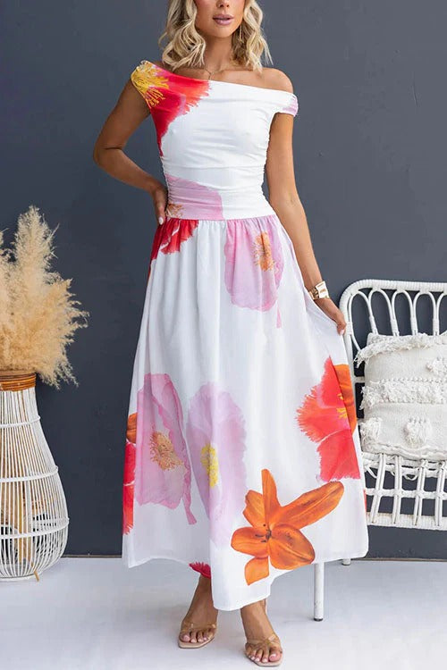 Boat Neck Waisted Floral Print Swing Maxi Dress