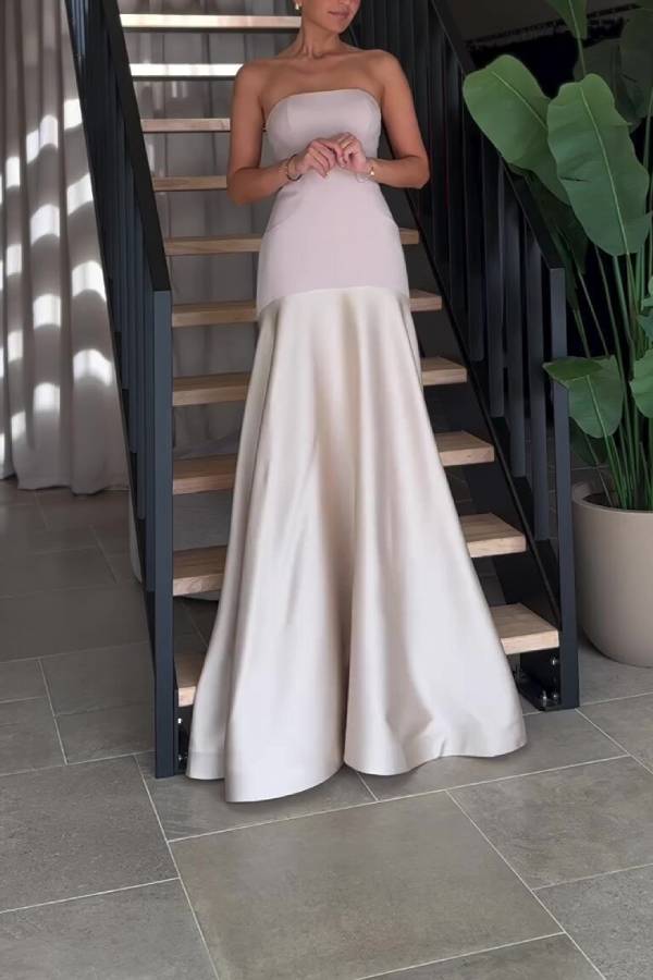 TIMELESS ELEGANCE SATIN PATCHWORK STRAPLESS FLARE GOWN MAXI DRESS