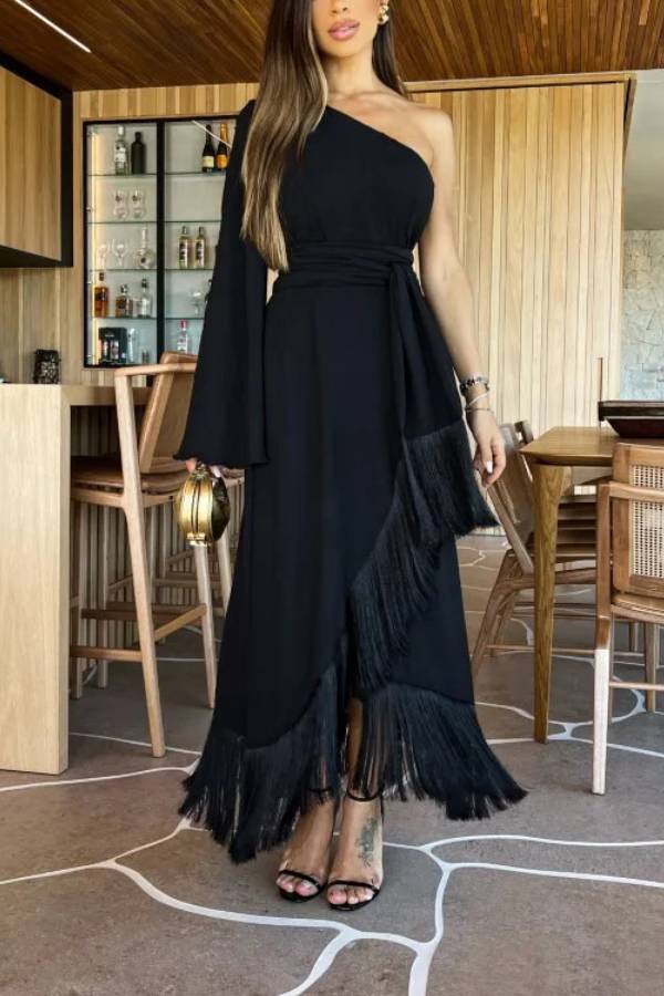 One‑Shoulder Bell Sleeve Fringe Midi Evening Dress