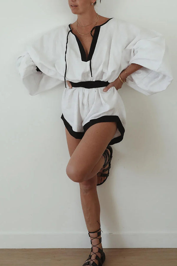 V-neck Black and White Contrast Jumpsuit