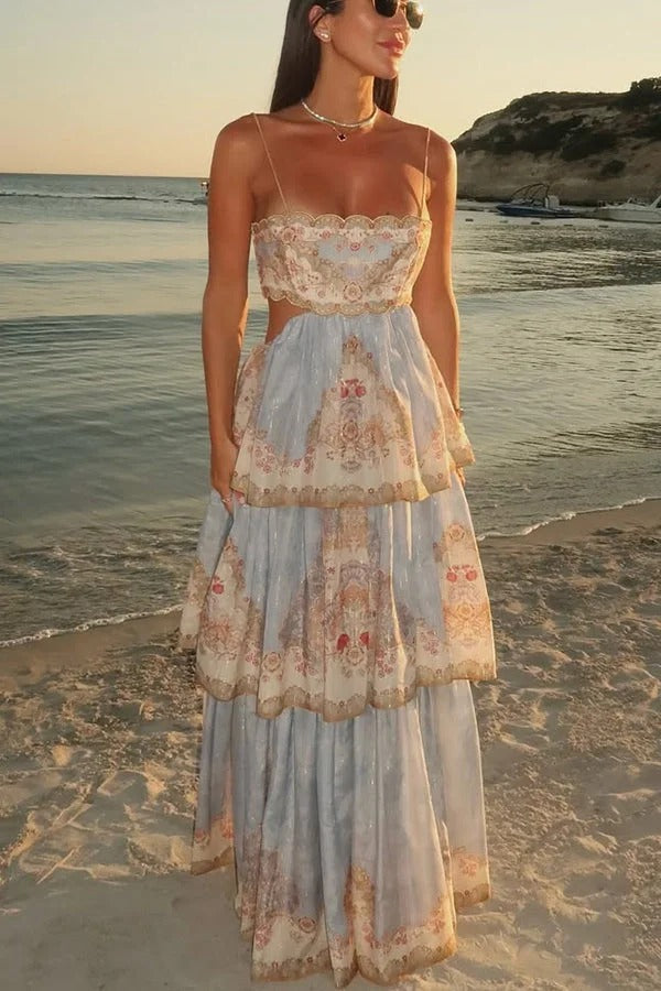 Daylight Unique Print Cutout Waist Back Lace-up Tiered Hem Maxi Dress