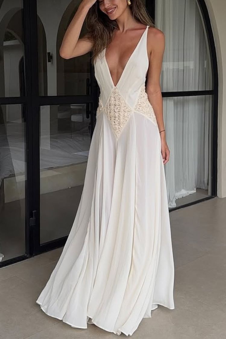 Venus By The Sea Tulle Lace Patchwork Backless Flowy Maxi Dress
