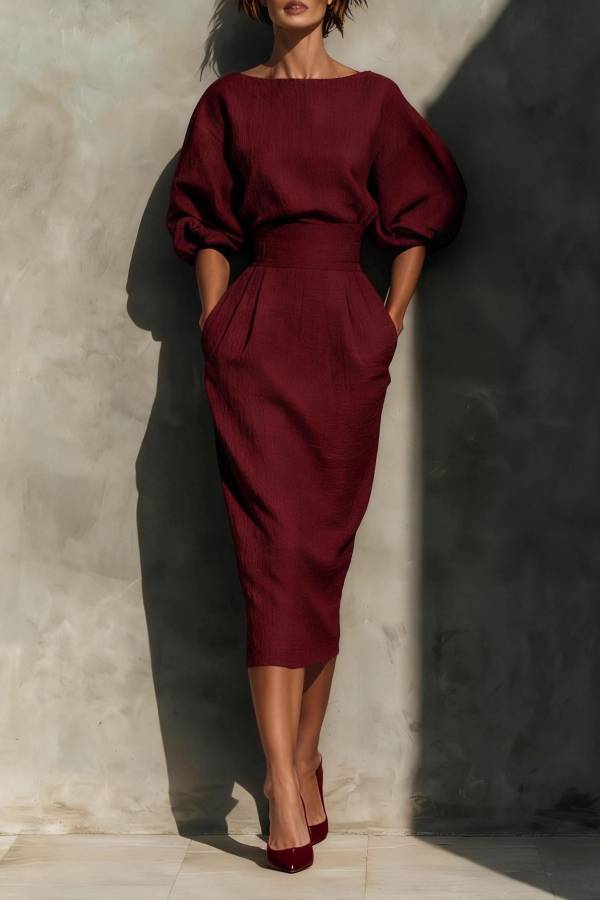 Boat Neck Puff Sleeve Waisted Midi Dress