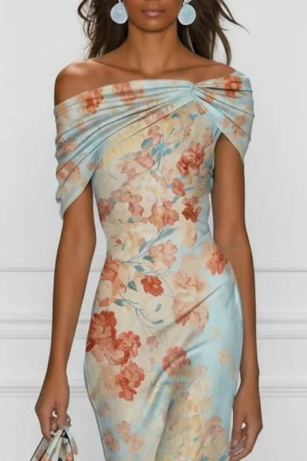 One-Shoulder Twisted Satin Floral Print Midi Dress