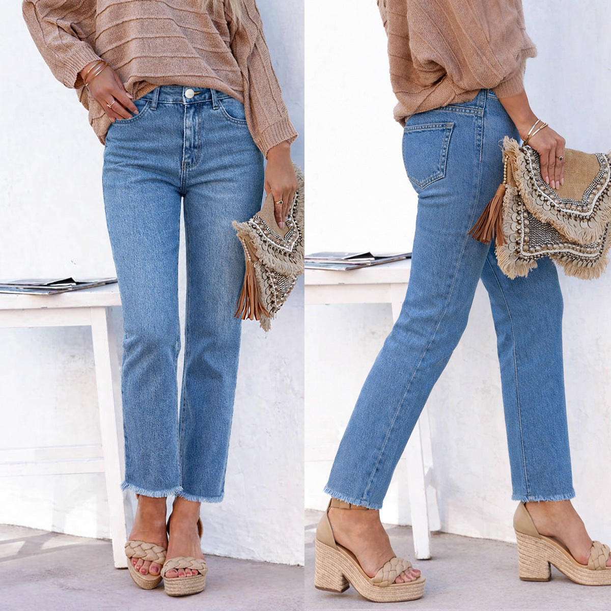 High-Waisted Frayed Hem Straight-Leg Cropped Jeans