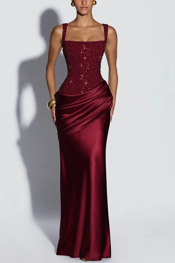 Alexandria Sequin Square Neck Back Lace-up Satin Drape Cowl Overlay Maxi Dress