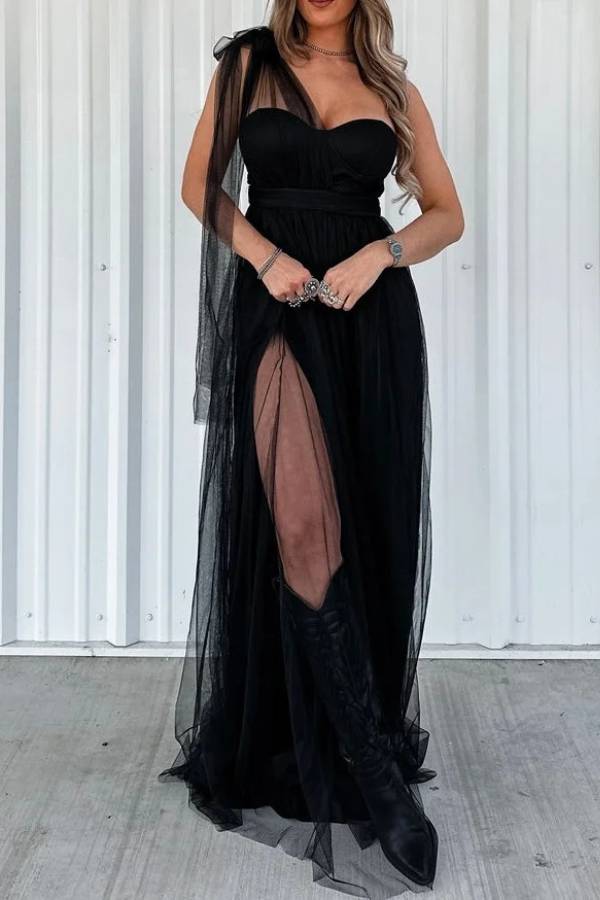 Multi-Color One-Shoulder Tulle Bow Slit Maxi Formal Dress