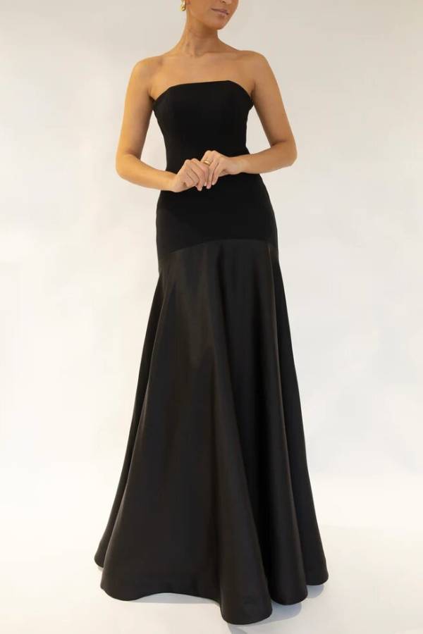 TIMELESS ELEGANCE SATIN PATCHWORK STRAPLESS FLARE GOWN MAXI DRESS