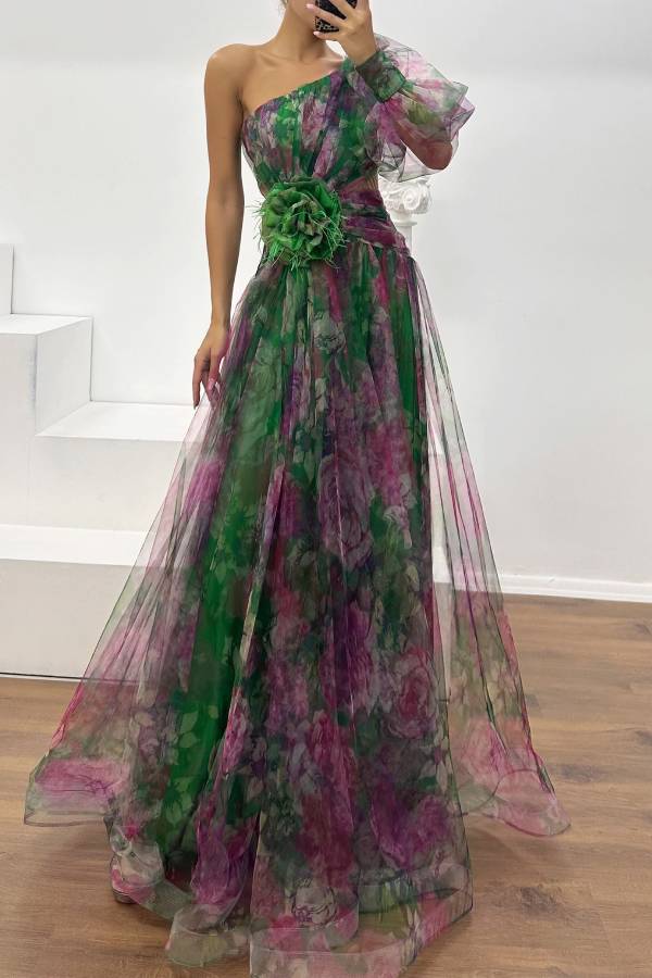 Floral Decor Chiffon Print One Shoulder Evening Gown Maxi Dresses