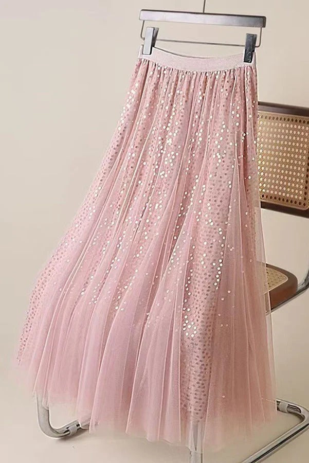 Dreamy French-style Sequined Tulle Elastic Waist A-line Maxi Skirt