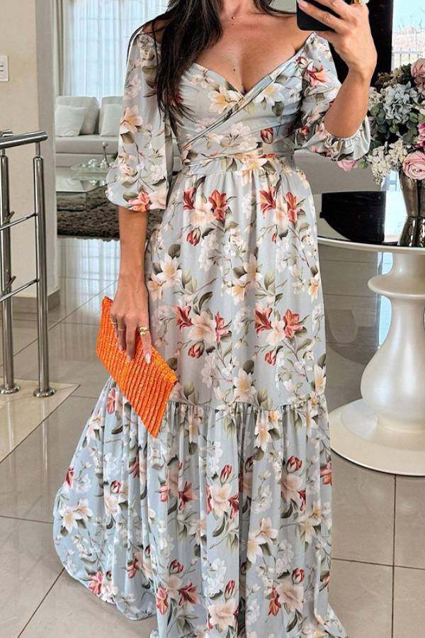 V-Neck Puff Sleeve Floral Print Waist-Cinched Flare Maxi Dress