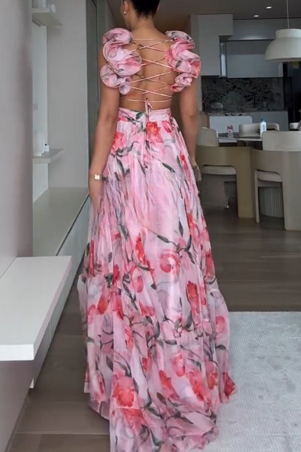 Whimsy Grace Tulle Floral Ruffle Detail Back Lace-up Pleated Maxi Dress