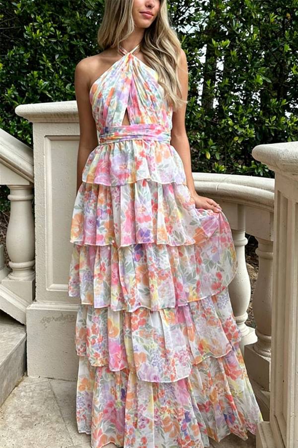 Harmony Floral Print Tiered Ruffle Cross Halter Backless Vacation Maxi Dresses