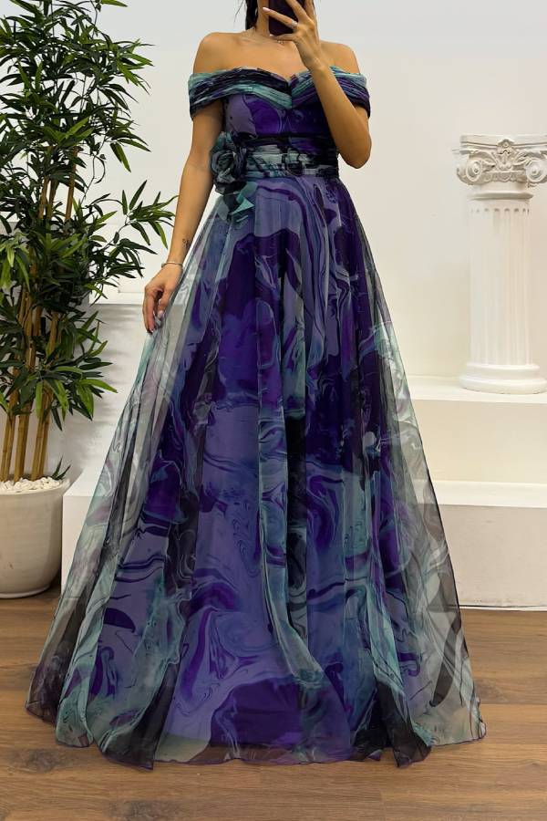 Boat Neck Tulle Evening Dress