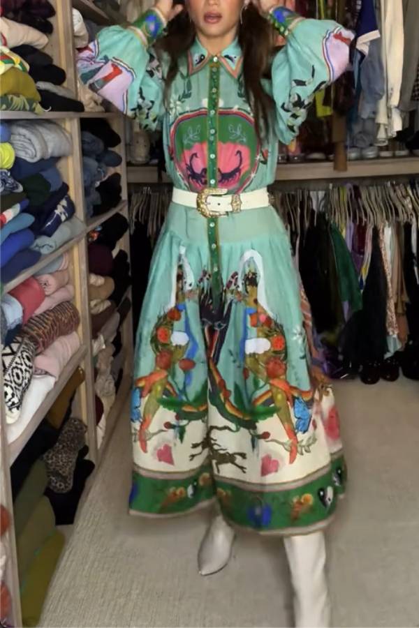 Staying In Capri Unique Print Balloon Sleeve Belt Shirt Midi Dress