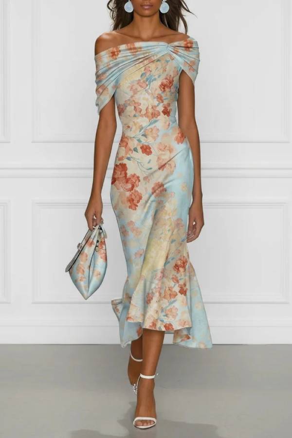 One-Shoulder Twisted Satin Floral Print Midi Dress
