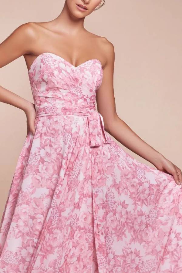 Strapless Floral Chiffon Bridesmaid Maxi Dress