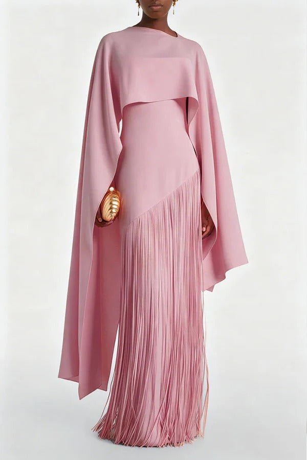 Cayetana Detachable Shawl Detail Fringed Hem Gown Maxi Dress