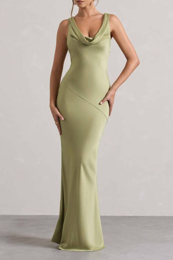 Cowl Neck Open-Back Satin Mermaid Gown