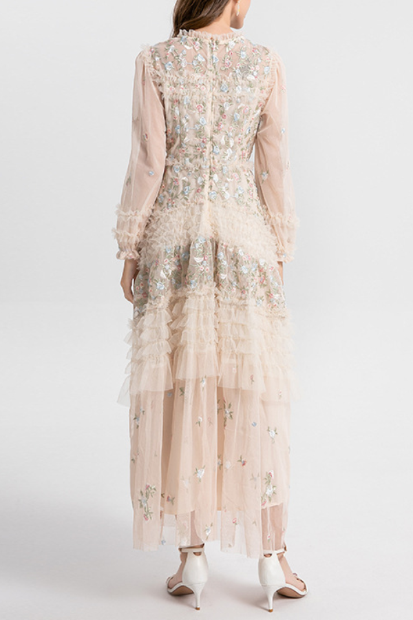 French Tulle Embroidery Floral Tiered Maxi Dress