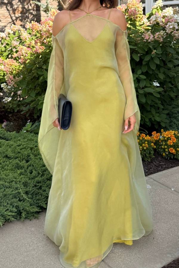 Halter Off‑Shoulder Sheer Mesh Two‑Piece Evening Maxi Dress