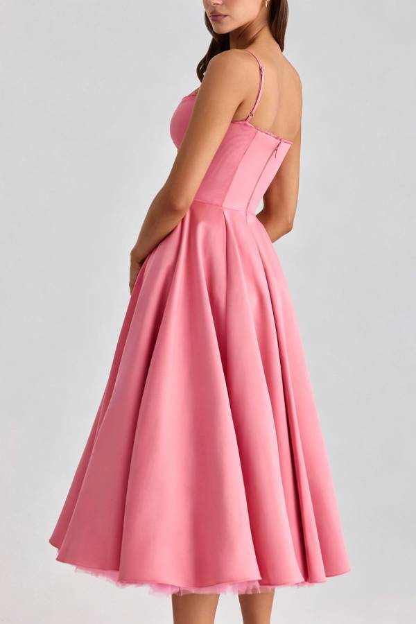 Lace Trim Corset Satin Midi Swing Dress