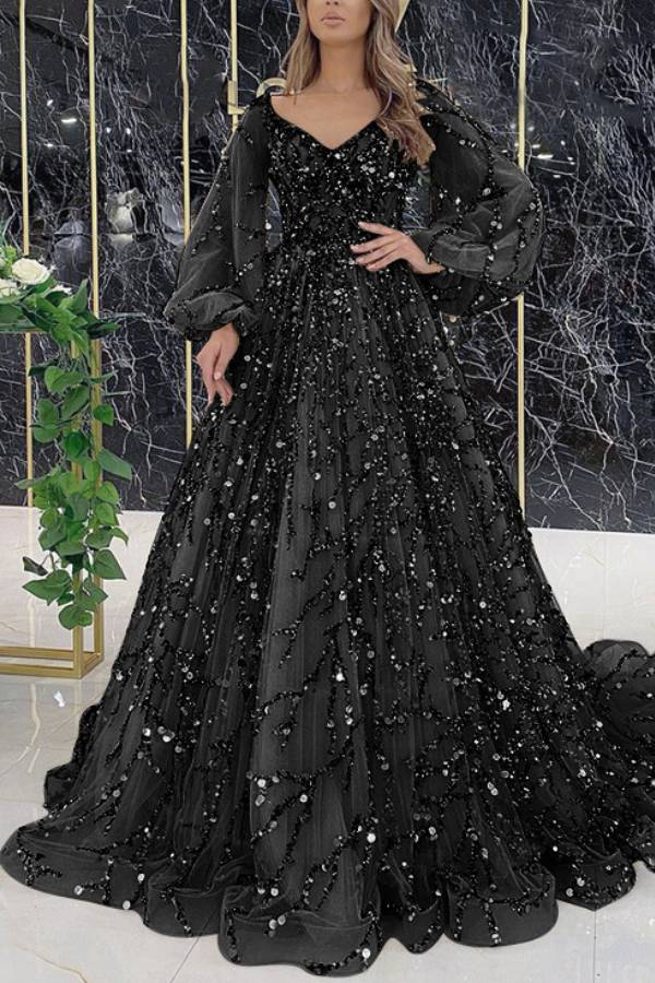 V-Neck Puff Long Sleeve Beaded A-Line Train Evening Gown