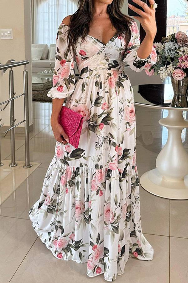 V-Neck Puff Sleeve Floral Print Waist-Cinched Flare Maxi Dress