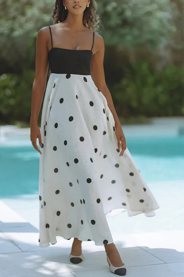 Alias Linen Blend Polka Dot Colorblock Back Smocked Pocket Slip Maxi Dress