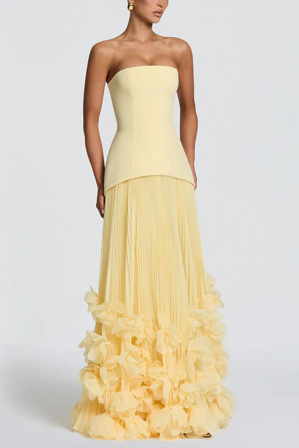 Serafina Strapless Back Lace-up Handcrafted Floral Appliqués Pleated Hem Gown Maxi Dress