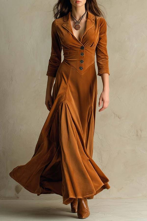 Brown Elegant Retro Suit Collar Velvet Long Dress