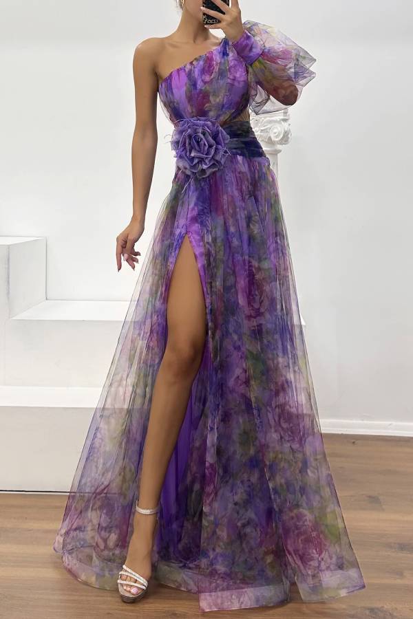 Floral Decor Chiffon Print One Shoulder Evening Gown Maxi Dresses