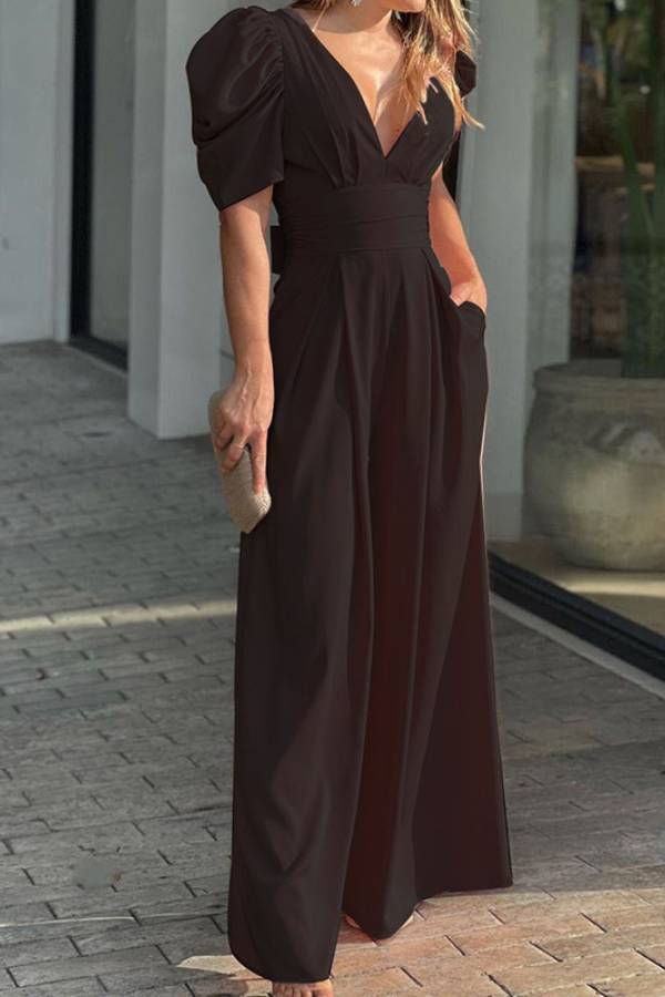 V-Neck Puff-Sleeve Waisted Wide-Leg Jumpsuit