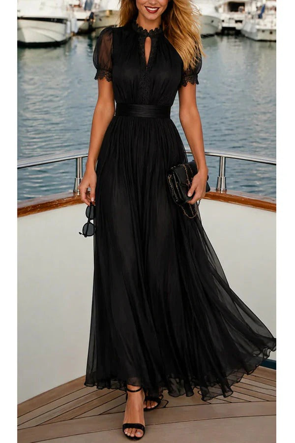 Lamberty Chiffon Lace Trim Cutout Neck Puff Sleeve Elastic Waist Maxi Dress