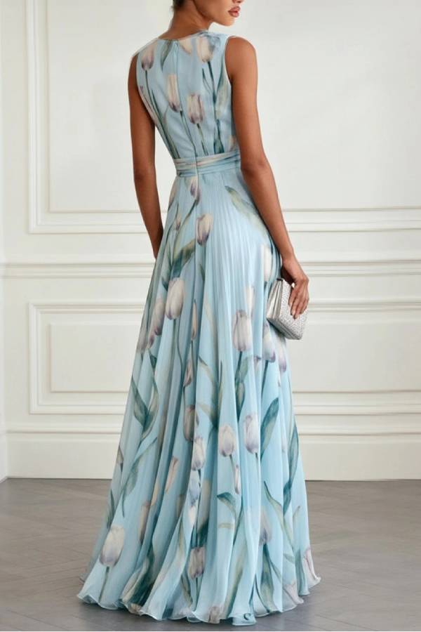 Elegant Tulip Print V-neck Maxi Dress