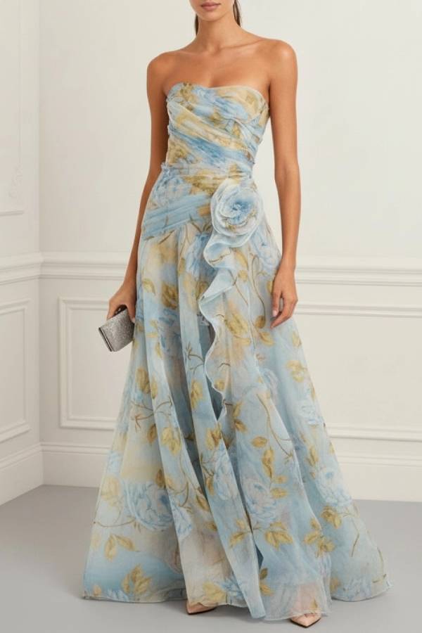 Elegant Strapless Floral Print Chiffon Maxi Dress