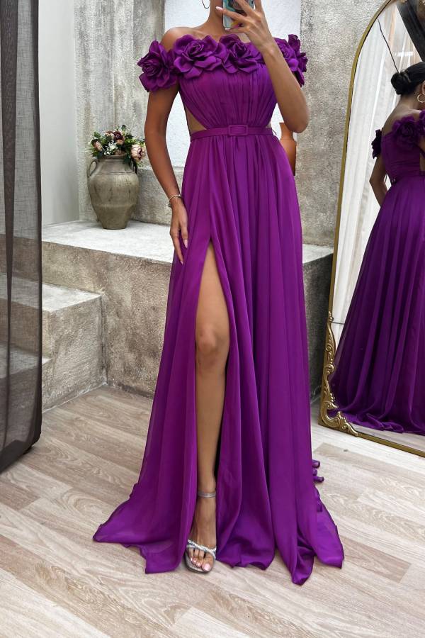 Strapless Chest Rose Waist Detail Design Evening Dress