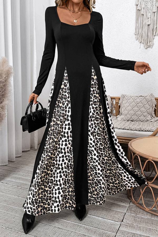 Square-Neck Patchwork Leopard Print Long Dress