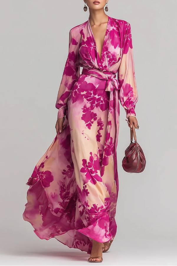 Rose Red Floral V-neck Belted Maxi Dress