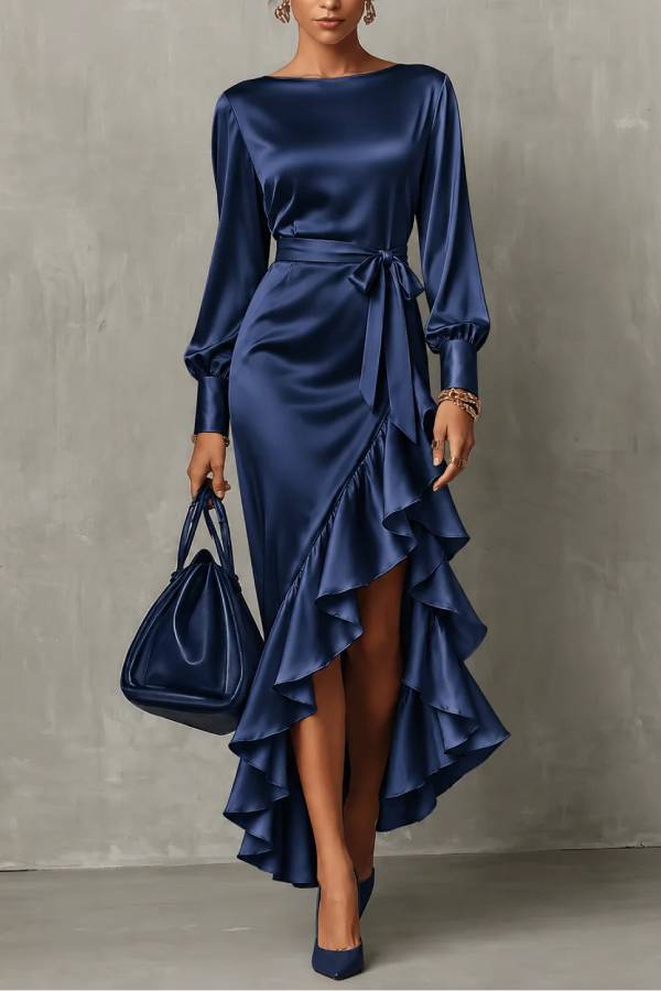 Navy Blue Satin Lantern-sleeved Asymmetrical Ruffle Maxi Dress