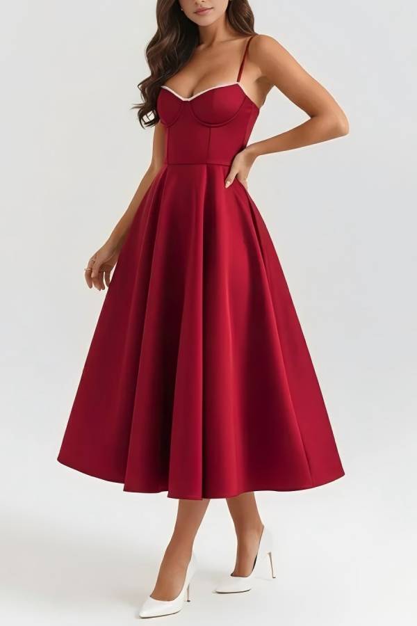 Lace Trim Corset Satin Midi Swing Dress