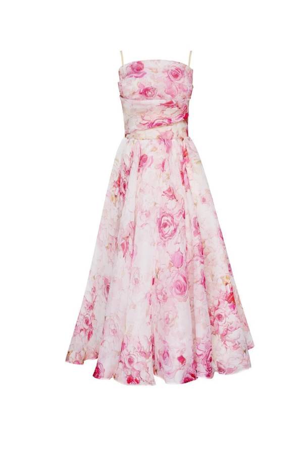 Strapless Floral Oil-Print Swing Midi Dress