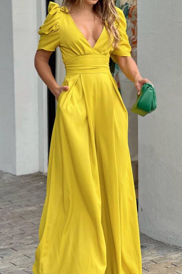 V-Neck Puff-Sleeve Waisted Wide-Leg Jumpsuit