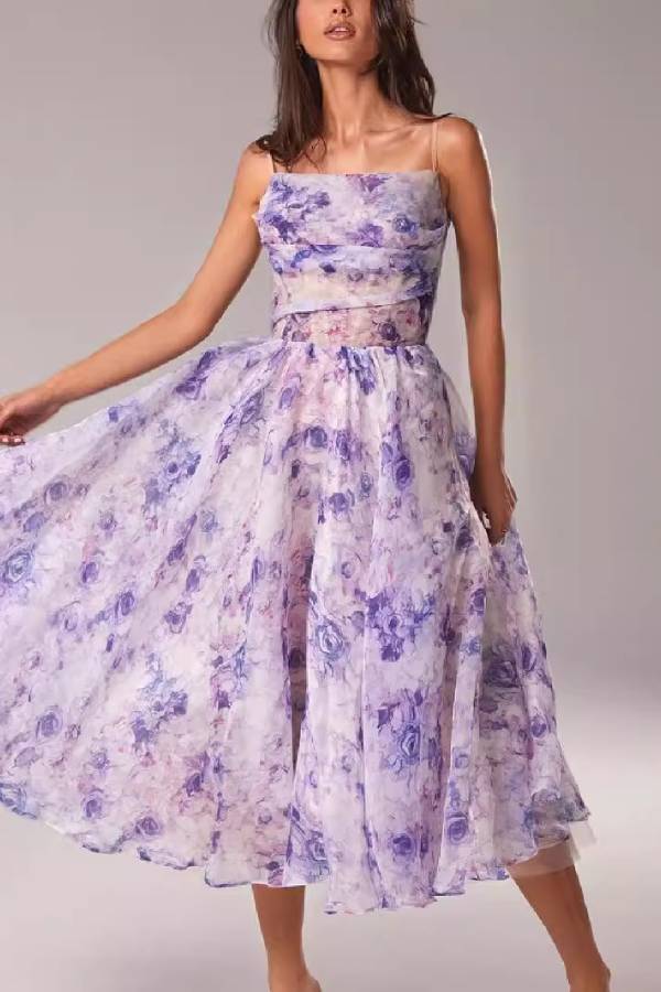 Strapless Floral Oil-Print Swing Midi Dress