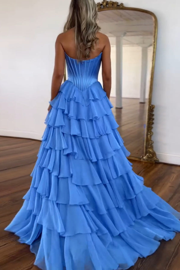 Blue Princess Tiered Corset Strapless Prom Dress
