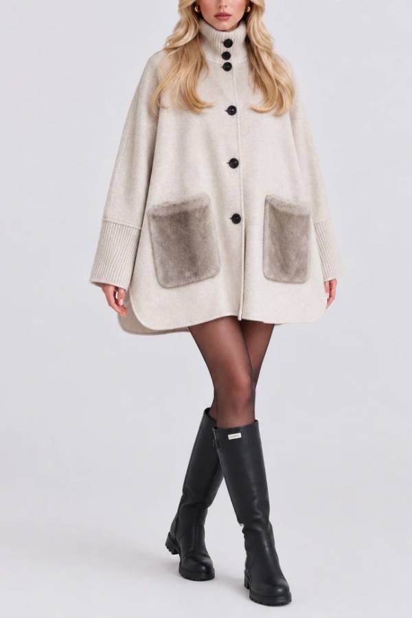 High Neck Button Up Swing Cape Coat with Faux Fur Patch Pockets