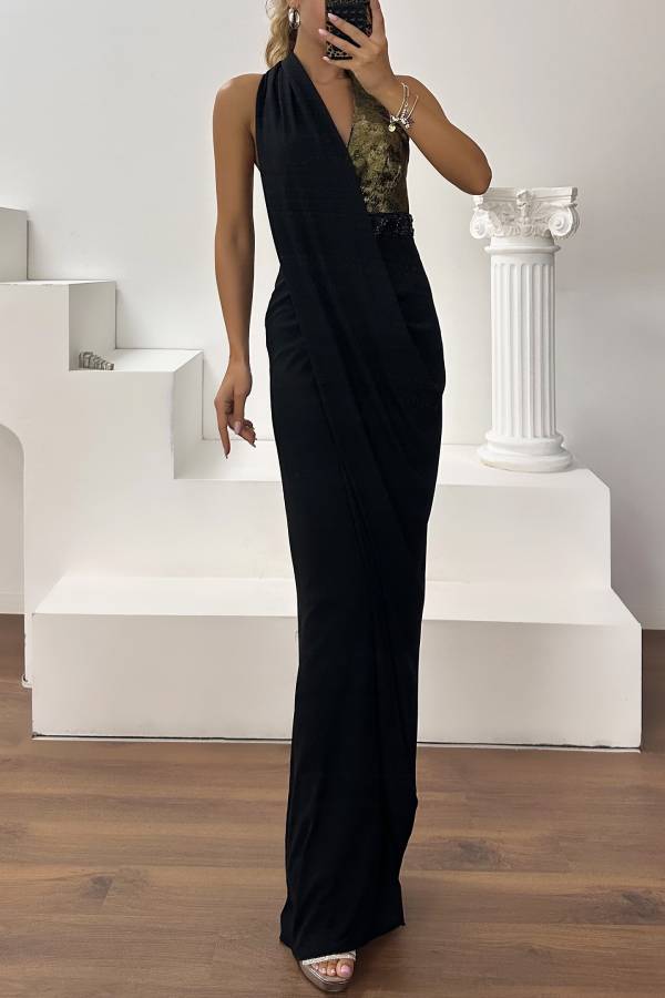 Halter Color‑Block Rhinestone Wrap Long Evening Gown